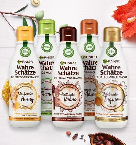 Pflege-Milch-Maske Produkte, Honigwabe, Ahornblatt, Mandeln, Kakao, Ingwer